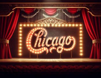 AI generated image of a theater stage with the word Chicago in lights
