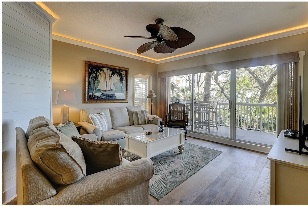 Vacation rental interior with balcony in background