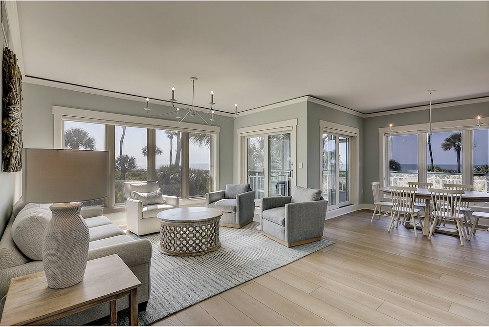 Vacation rental interior with ocean view in background