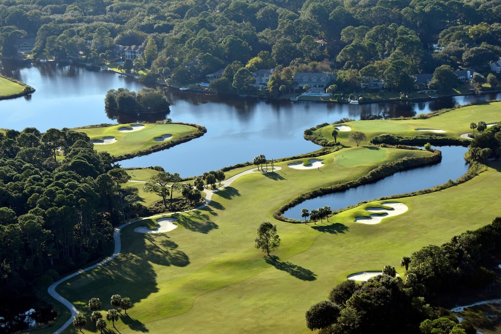 Aerial overview of a golf course on Hilton Head Island